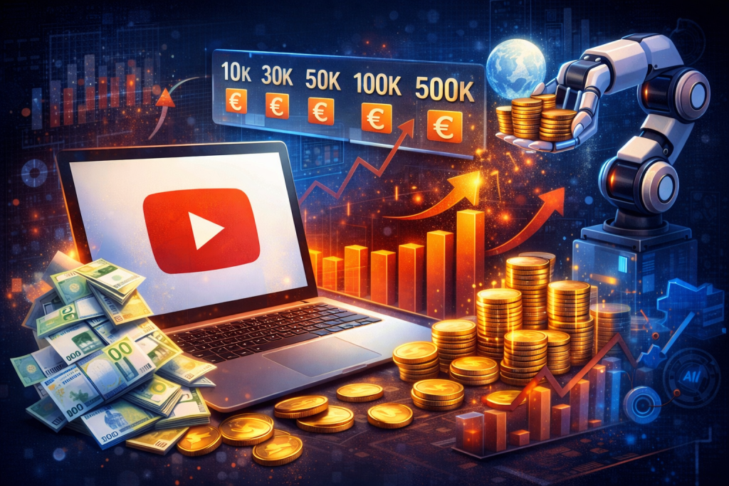 Illustration montrant les revenus potentiels d’une chaîne YouTube automatisée avec un ordinateur affichant YouTube, des graphiques de croissance et des piles d’euros.