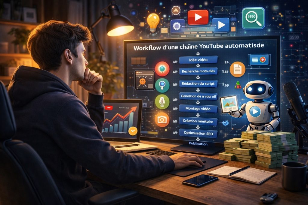 workflow d'une chaîne youtube automatisée avec étapes de création de vidéo et optimisation SEO