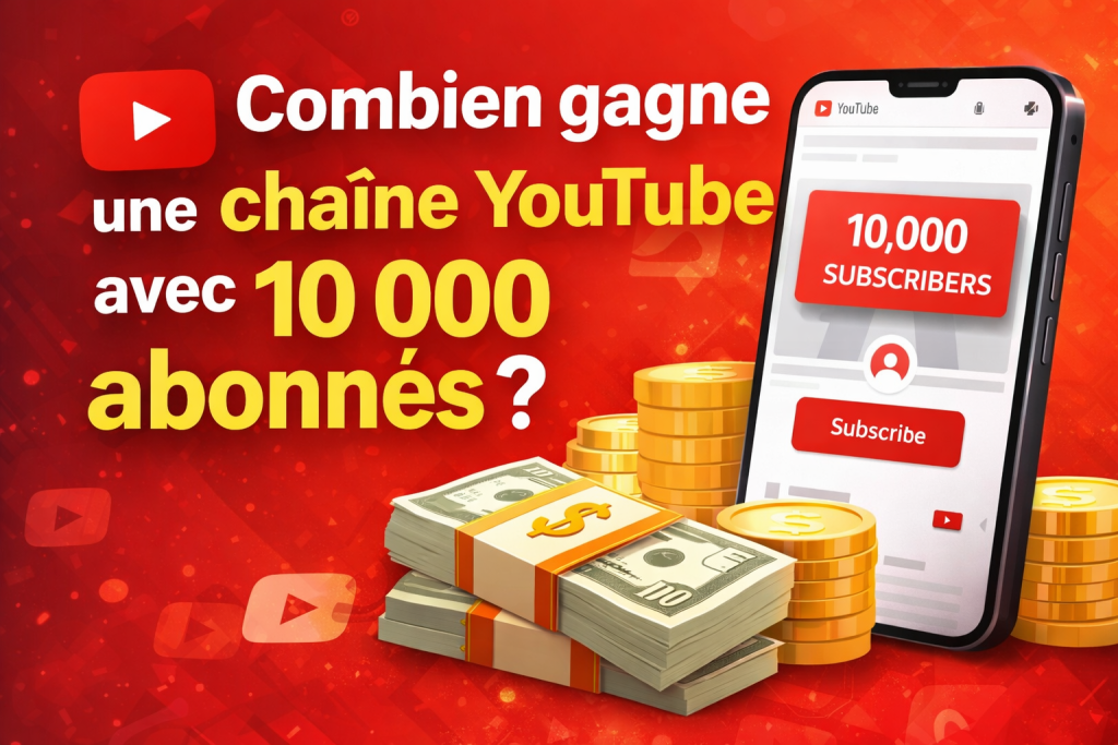 Chaîne YouTube avec 10 000 abonnés affichée sur smartphone avec piles d’argent et pièces illustrant les revenus potentiels d’une chaîne YouTube.