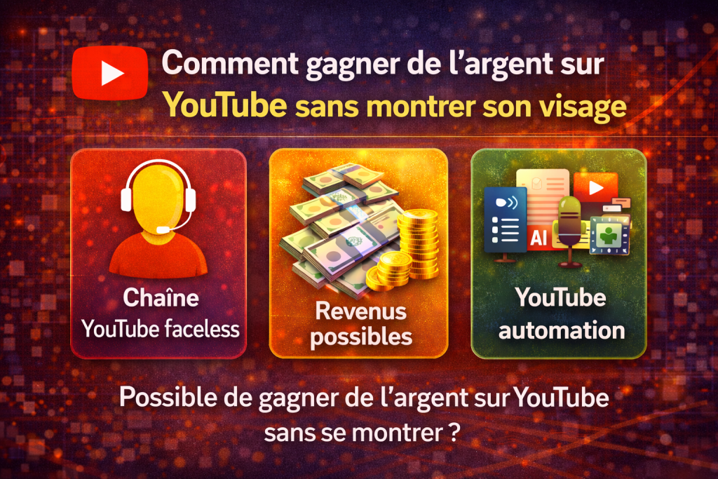 Chaîne YouTube faceless expliquant comment gagner de l'argent sur YouTube sans montrer son visage grâce à l’automatisation et aux revenus possibles.
