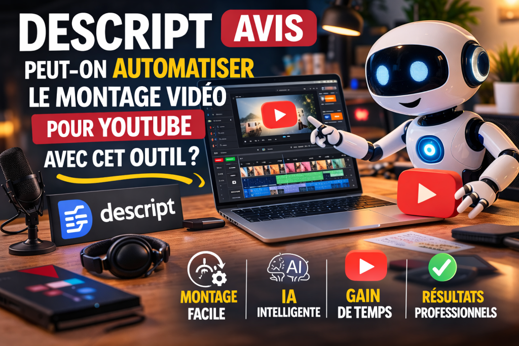 Descript avis : interface de montage vidéo IA utilisée pour automatiser le montage d’une vidéo YouTube avec transcription et édition automatique.