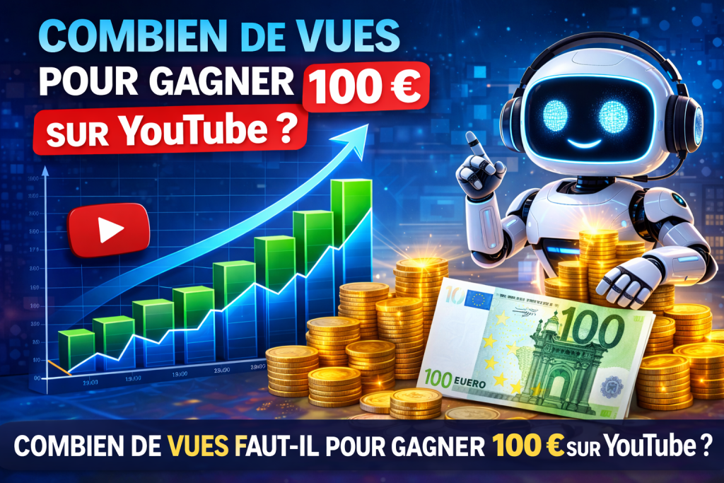 Combien de vues pour gagner 100 € sur YouTube : illustration montrant la relation entre le nombre de vues d’une vidéo et les revenus générés sur une chaîne YouTube.