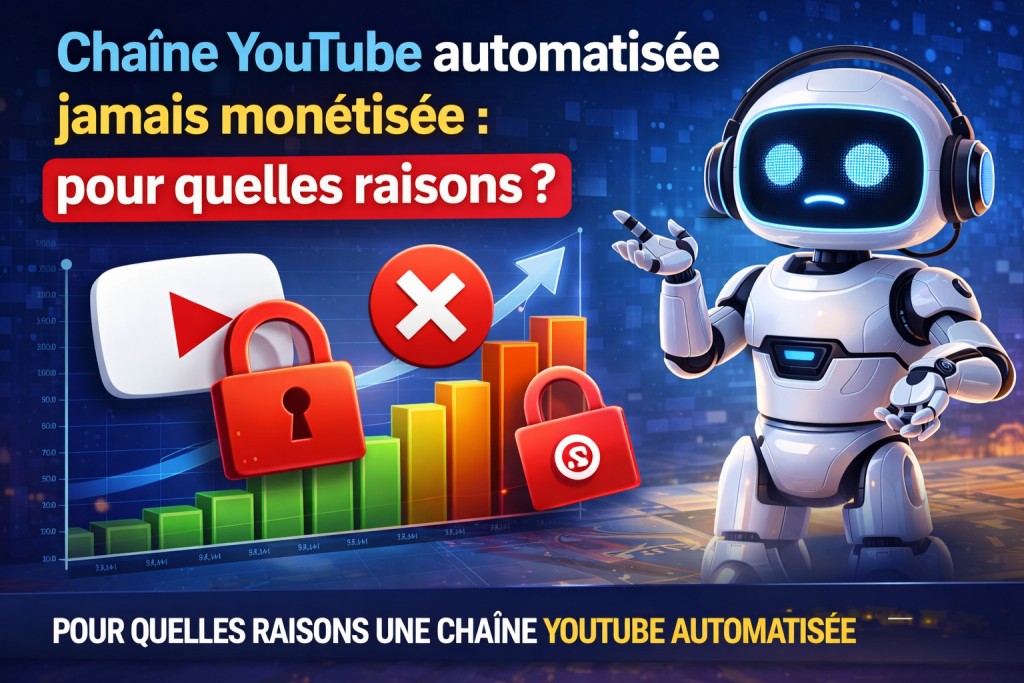 Chaîne YouTube automatisée jamais monétisée : illustration montrant les raisons possibles d’un refus de monétisation sur YouTube avec un robot IA, un graphique et un symbole de blocage.