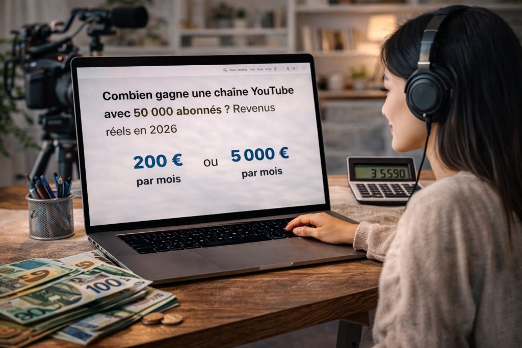 Combien gagne une chaîne YouTube avec 50 000 abonnés revenus réels exemple écran ordinateur