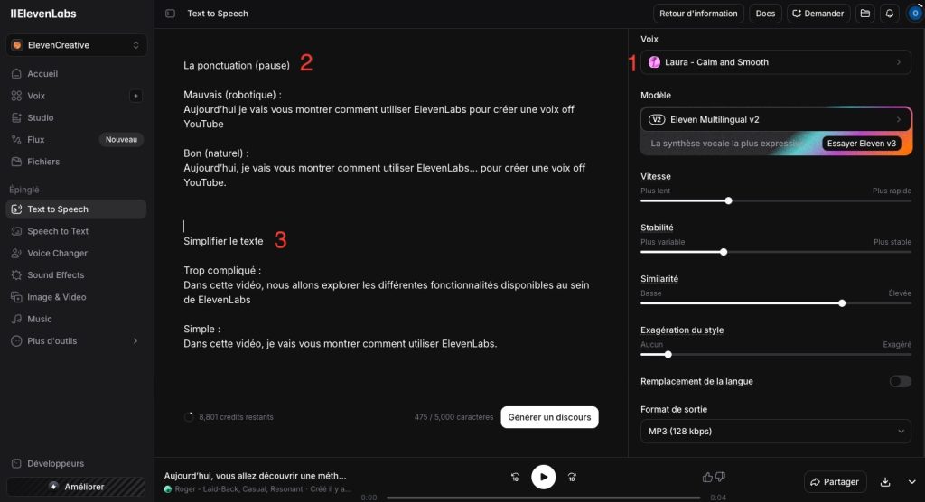 Lecture d’une voix IA générée avec ElevenLabs dans le lecteur audio après génération