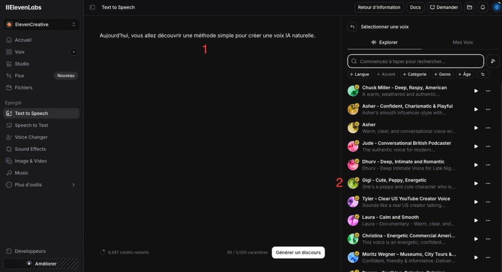 Choisir une voix IA dans ElevenLabs pour créer une voix off YouTube réaliste
