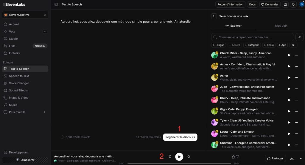 Cliquer sur Generate dans ElevenLabs pour générer une voix off YouTube avec une IA
