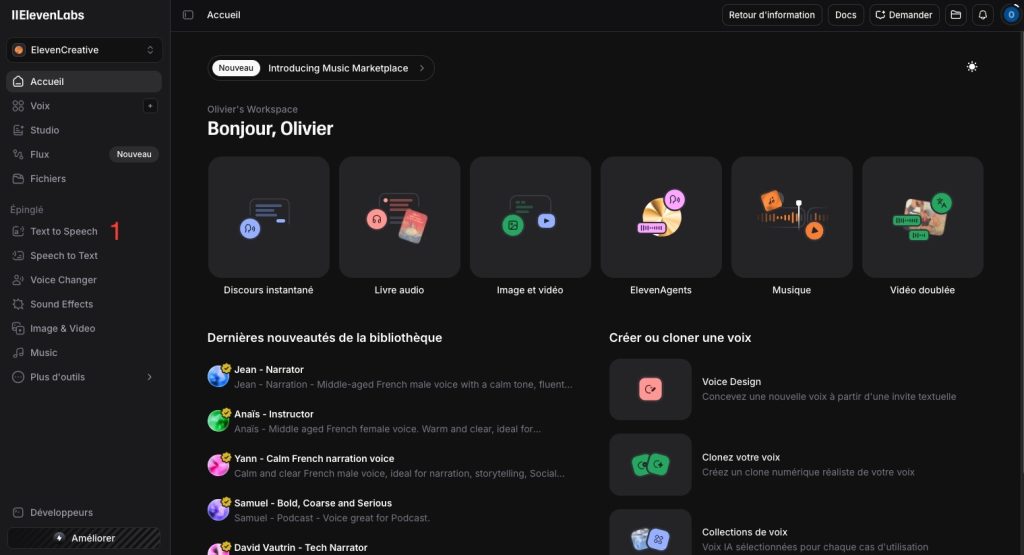 Interface ElevenLabs text to speech avec zone de texte, sélection de voix et bouton Generate