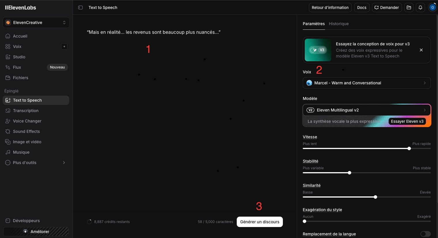Interface ElevenLabs text to speech avec zone de texte, sélection de voix et bouton Generate