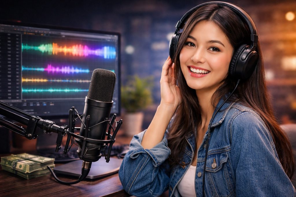 femme eurasienne utilisant une voix IA avec micro studio pour youtube automatisé