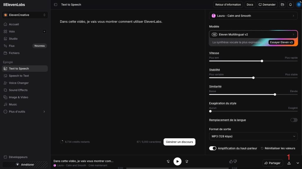 Télécharger une voix off YouTube en MP3 avec ElevenLabs après génération audio