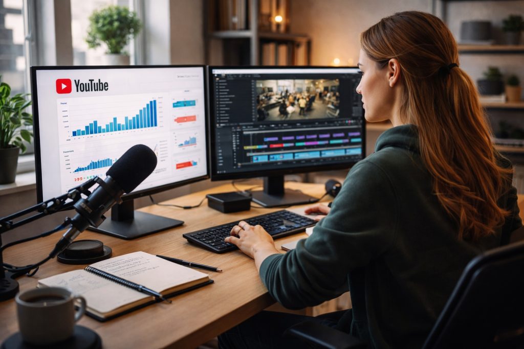 YouTube automation business facile ou illusion créatrice de contenu analysant les statistiques YouTube sur deux écrans