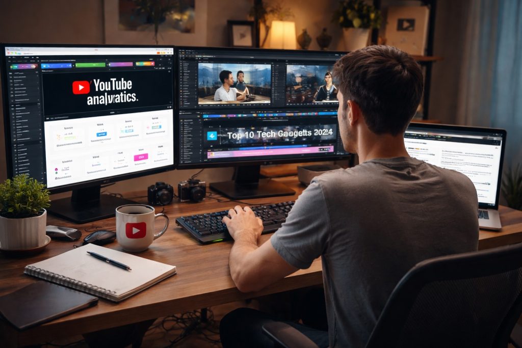 homme travaillant sur une chaine youtube automation avec plusieurs écrans et analyse youtube analytics